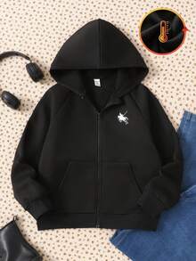 SHEIN 青少年女孩灰色纯色连帽运动衫 女童秋冬装 - 黑色 - 查看 3