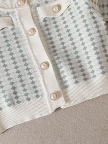 女童幼儿简约开衫和裙子套装，韩式手工珍珠纽扣针织毛衣开衫和格子裙，可爱装扮，2025 年秋冬 - 霧霾藍 - 查看 7