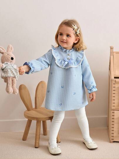 SHEIN Fall Dresses For Girl Casual&Vocation New Style Suit ,Bowknot-Embroidery Plaid Dress