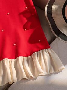 青少年女孩圆领无袖蝴蝶结装饰珍珠铆钉撞色褶皱荷叶边下摆连衣裙 - 紅色 - 查看 3