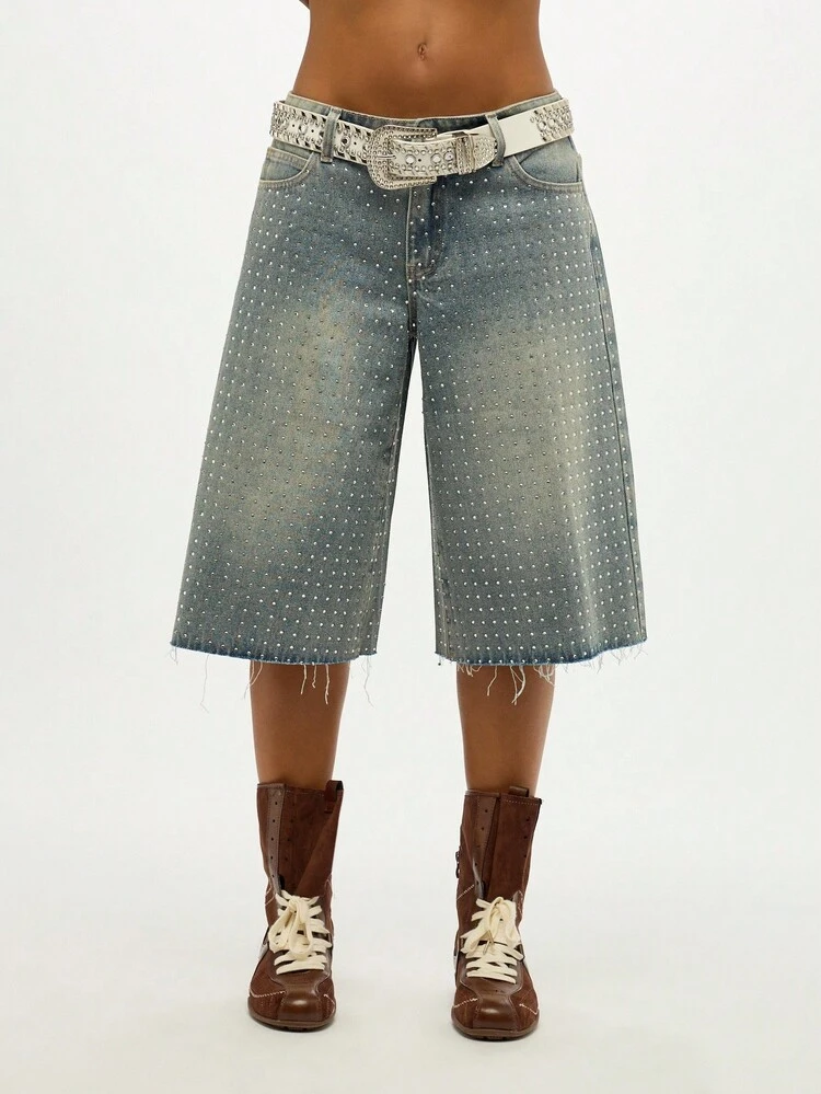 SUMWON WOMEN Crystal Studded Wide Leg Denim Culotte Shorts With Raw Hem