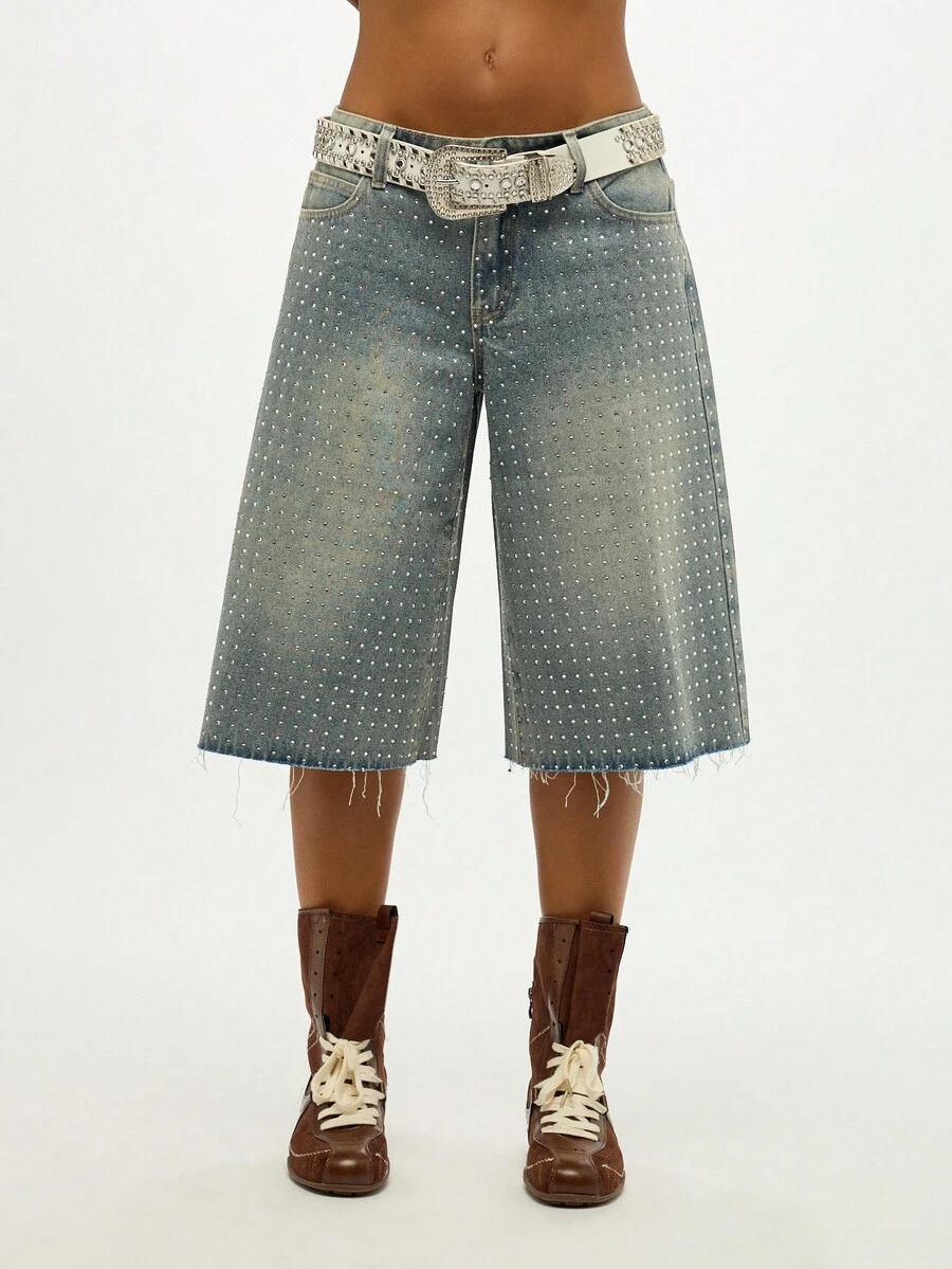 SUMWON WOMEN Wide Leg Denim Culotte Shorts Crystal Embellished High Waist Distressed Raw Hem Bermuda Length Festival Beach Summer Holiday - Blue - View 1