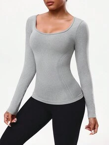 Seamluxe SHEIN Sport Damen Einfarbiges minimalistisches Kreuz-Langarm Lässig Sport T-Shirt