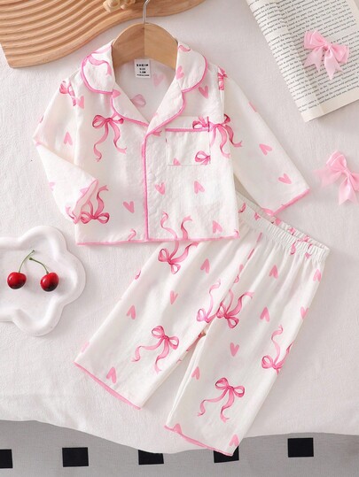 2 Stücke Pyjama-Set für Baby-Mädchen mit Kirschen-Print, langärmelig, Strickjacke und Hose, gewebter Stoff