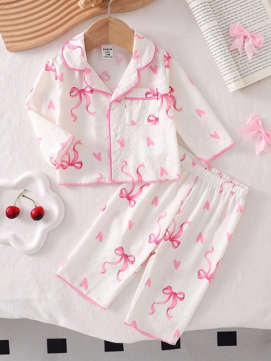 2pcs Baby Girls' Pink Bow Print Long Sleeve Cardigan And Pants Pajama Set, Woven Fabric Cozy And Beautiful For Girl, Princess Gift - White - View 1