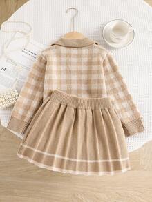 Souflis Souflis 女童卡其色格子针织套装，可爱刺绣兔子毛衣+针织迷你裙两件套，女童长袖V领套头衫，秋冬休闲优雅风格