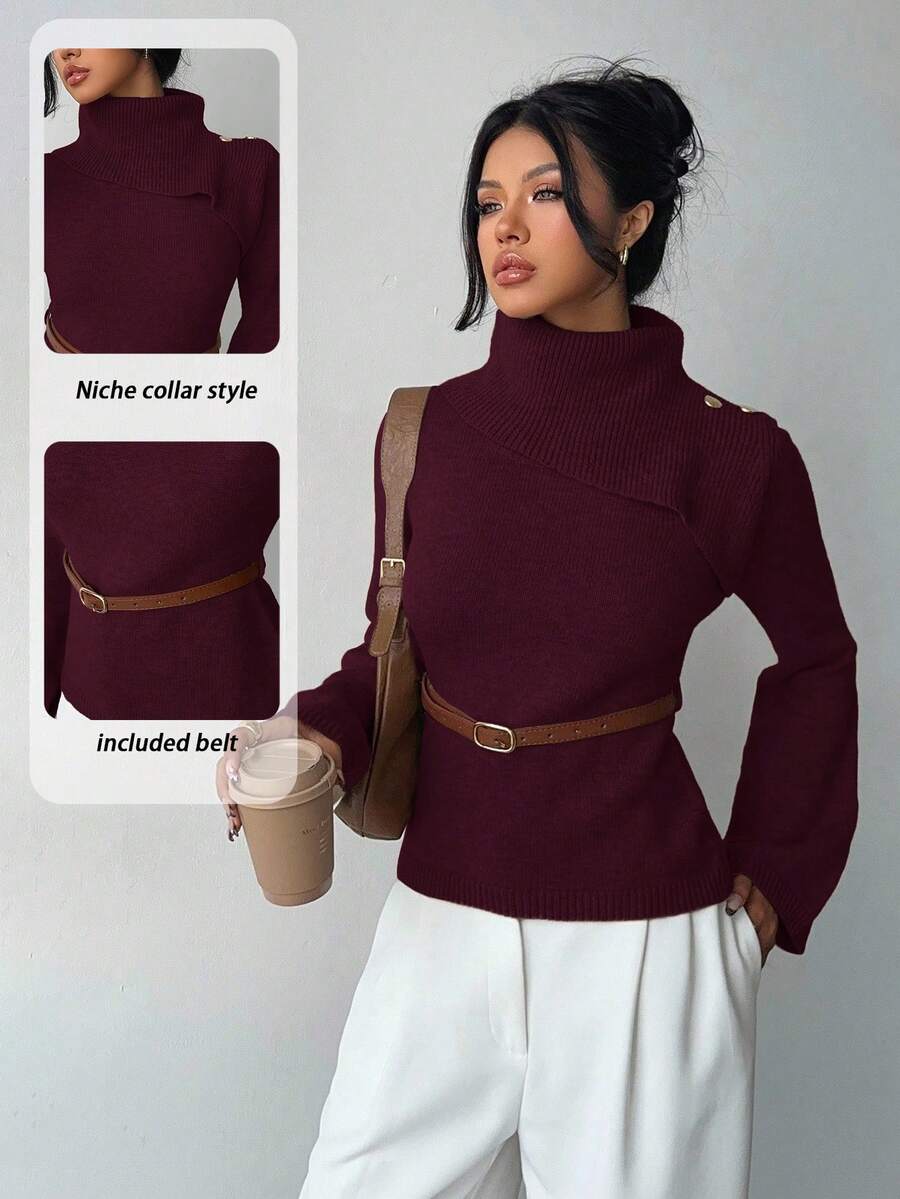Selianne Khaki Elegant Flared Sleeve Niche Design Collar, Paired With Brown Metal Fashionable Belt, Women Sweater For Autumn/Winter - Burgundy - View 1