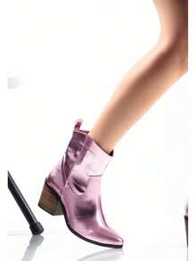 Botines de mujer en piel efecto metálico, punta en pico, cierre lateral, tacón grueso, estilo retro casual para fiestas - Morado - Ver 2