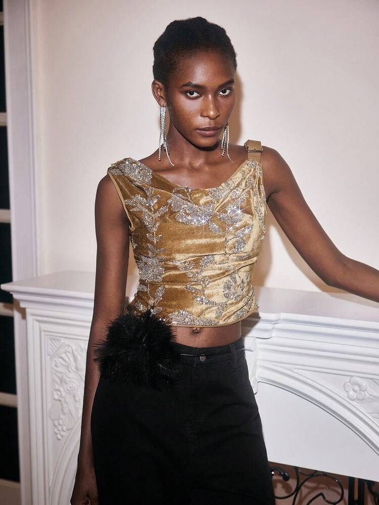 SHEIN Maija 2025 Women's Floral Sequin Draped Neck Fashionable Velvet Buckle Top, Fall For Women, Halloween Costumes, Christmas For Women, Nightmare Before Christmas, New Year Look, Party, Elegant Women's Blouses, Sequin Top, Sparkly Top, Floral Sequins, Belt Buckle Design, Gold Top