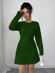 Elenzga 圣诞节和秋冬新款优雅女士圆领长袖超大刺绣花卉中长毛衣裙，适合多种场合和季节 - 綠色 - 查看 3