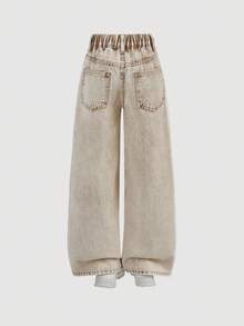 SHEIN Girlism Y2K 垃圾朋克女童宽松破洞星星拼色撞色阔腿男友牛仔裤，校园风，街头风 - 卡其色 - 查看 2