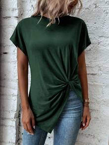 EMERY ROSE Damen Rundhals Fledermausärmel Twist-Taillen-Design Lässig Einfarbiges T-Shirt - Grün - Übersicht 6