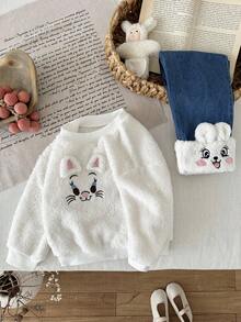 Sparklyn 2pcs/Set Toddler Girls' Cat Embroidery Graphic Crew Neck Long Sleeve Fuzzy Sweatshirt And Cuffed Fuzzy Denim Pants, Fashion Casual Sports Streetwear, Autumn/Winter - White - View 4