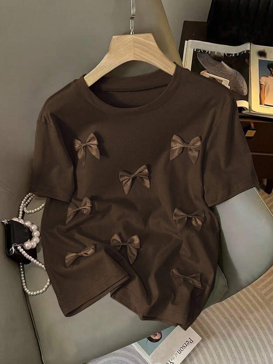 Franclia 女士休闲H型圆领3D蝴蝶结短袖粉色T恤，夏季 - 咖啡棕 - 查看 1