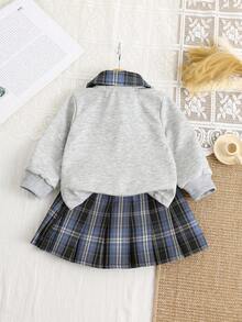 SHEIN 女婴四季字母印花 Polo 领长袖运动衫和格子裙套装，修身休闲运动服 - 灰色 - 查看 2