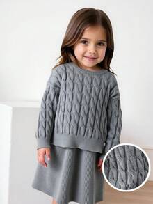 Maija Kids Young Girl Casual Solid Color Cable Knit Sweater And Mini Skirt Set, Autumn/Winter Fall - Light Grey - View 1