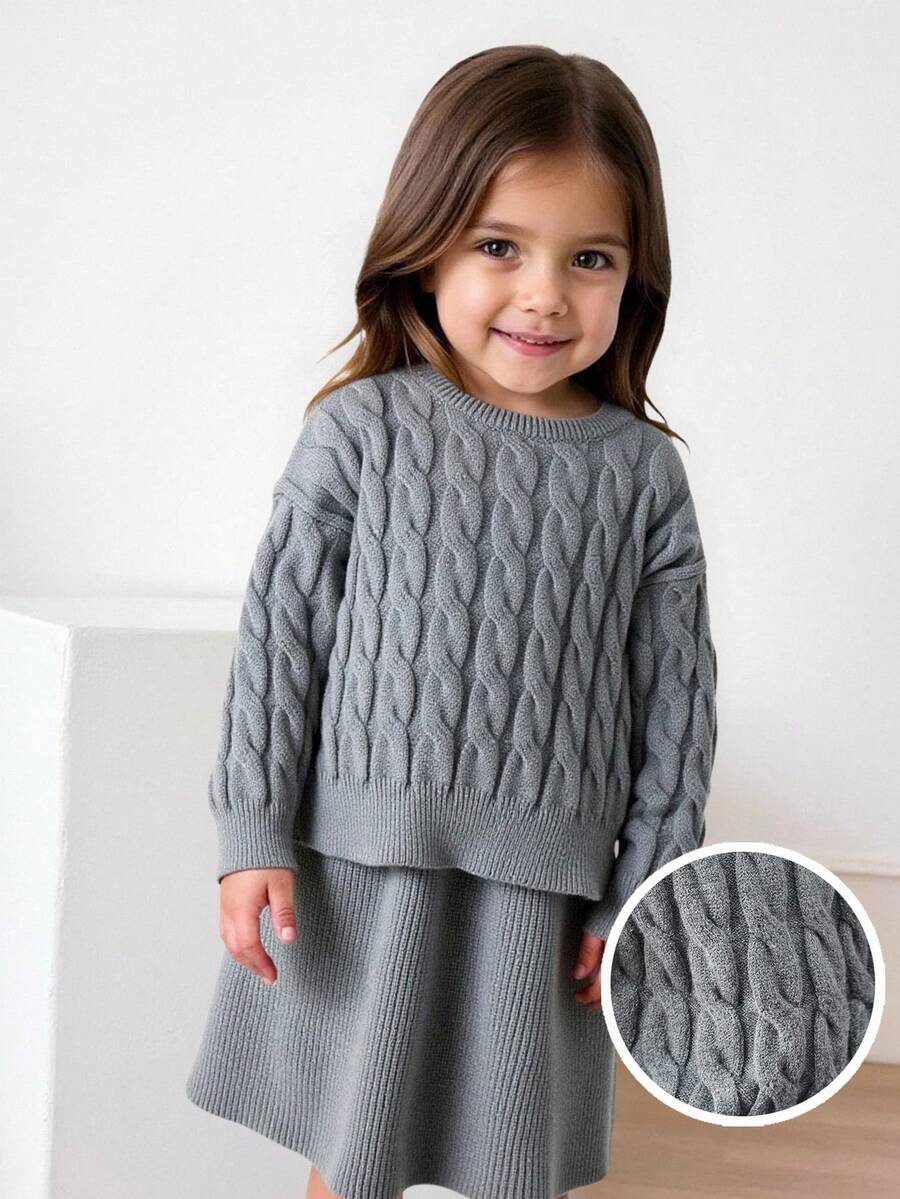Maija Kids Young Girl Casual Solid Color Cable Knit Sweater And Mini Skirt Set, Autumn/Winter Fall - Light Grey - View 1