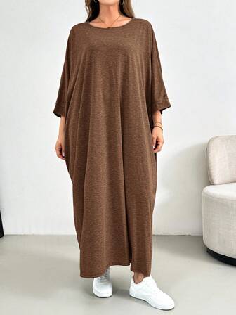 SHEIN Essnce Plusstorlekar Dam Vår- och sommarmode Casual Löst Bekväm Daglig Grundläggande Smal Grå Trekvartsärm Långklänning, Enkel Stil, Plusstorleksklänning, Kyrkoklänning Dam, Outfits för Utekväll