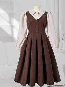 Tween Girl Turndown Collar 2 In 1 Long Sleeve Dress, Front Button Pleated Autumn Dress, Suitable For Outings, Street, And School Wear - Coffee Brown - View 5