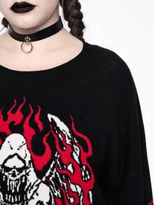 ROMWE Gothic Christmas Holiday Skull & Demon Pattern Jacquard Knit Plus Size Sweater For Women - Multicolor - View 2