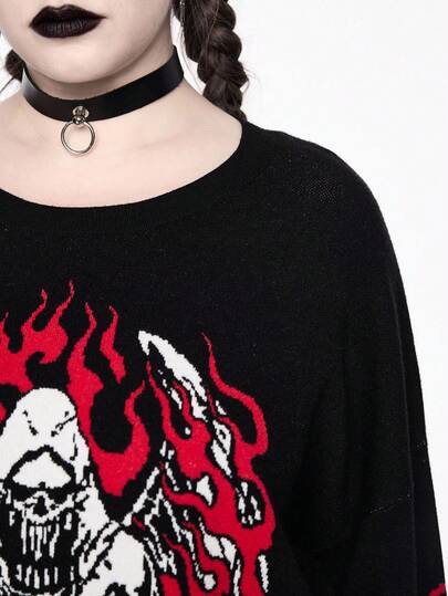 Goth Suéter de punto jacquard con estampado de calavera y demonio de talla grande para mujer, estilo gótico navideño