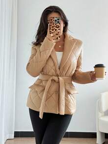 Chiquease Women's Fashionable Diamond Embossed Waist Tie Temperament Design Cotton Coat Women's Suit Collar Cotton Coat Autumn Fall For Women Fall Autumn Fall For Women Autumn For Women Fall Autumn Women Fall Women Going Out Going Out Winter Winter For Women Elegant Fashionable Casual Commuting Business Office Daily Leisure All-Match Temperament Urban Teacher Professional Attire - Khaki - View 4