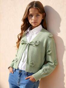 Travachic KIDS Young Girls, Teenage Fashion Design, Leisure Vacation, Three-Dimensional Woolen Flowers, Elegant Ladies, Green Versatile Knitted Cardigan, High-End Green Sweater Cardigan, Three-Dimensional Woolen Flowers, Lace-Up Cardigan, Fashion Design, Cutting-Edge Fashion Design, Can Be Worn Indoors And Outdoors, Simple Style, Suitable For Indoor, Outdoor, Daily, Sports, Play, Party, Photo, Vacation, Festival Autumn Winter Clothes For Women