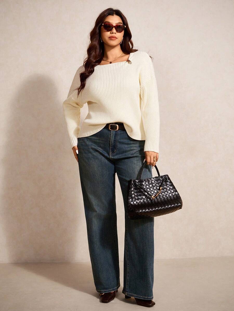 Elaquor Plus Size Elegant French Style Casual Striped Metal Button Knit Sweater Top For Women/Winter Fall/Winter - Beige - View 1