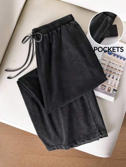 CosyJoli Plus Size Casual Knit Acid-Washed Straight Leg Pocket Pants/Winter Pants With Pockets Casual Pants For Women Pants Sets Two Pieces Set Women Track Shorts