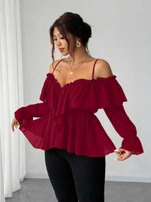 Elenzga Plus Size Women's Red Off-Shoulder Ruffle Long Sleeve Chiffon Blouse - Burgundy - View 6