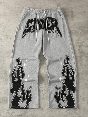 Street Life Pantalones de chándal holgados con cordón en la cintura, bolsillos y estampado de letras y llamas vintage para hombre, otoño