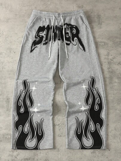 Street Life Men Vintage Letter & Flame Print Drawstring Waist Pockets Loose Sweatpants, Fall