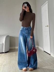 SHEIN EZwear Women's Coffee Brown Stand Collar Long Sleeve Casual Bodysuit, Autumn,Fall,Fall Clothes For Women - Coffee Brown - View 5