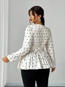 Elenzga Áo cánh tay dài buộc dây cổ chữ V in họa tiết ôm sát gợi cảm cỡ lớn - Màu be - Xem 2
