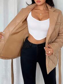 Chiquease Women's Fashionable Diamond Embossed Waist Tie Temperament Design Cotton Coat Women's Suit Collar Cotton Coat Autumn Fall For Women Fall Autumn Fall For Women Autumn For Women Fall Autumn Women Fall Women Going Out Going Out Winter Winter For Women Elegant Fashionable Casual Commuting Business Office Daily Leisure All-Match Temperament Urban Teacher Professional Attire - Khaki - View 5