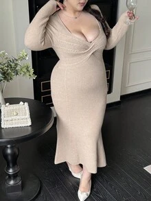 Flirla Sexy V-Neck Twist Knit Bodycon Dress, Autumn/Winter - Apricot - View 8