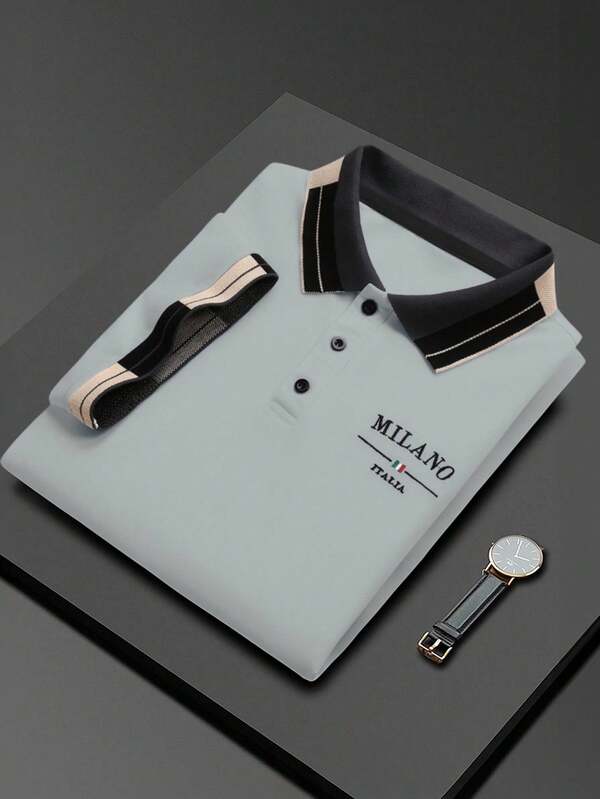 Manfinity Bizformal Camisa polo casual de manga corta con cuello acanalado, bordado con cuentas para hombres