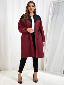 SHEIN Essnce Áo khoác gió thời trang rộng rãi, màu tương phản, chắp vá, thường ngày, đa năng, thiết yếu cho phụ nữ cỡ lớn, màu kaki và đen - Màu Đỏ Sâu - Xem 6
