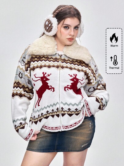 Kawaii Cardigan in maglia con motivo Fair Isle, Argyle, renne e fiocchi di neve, taglie comode, per donna, adatto per l'autunno/inverno, vacanze e tempo libero