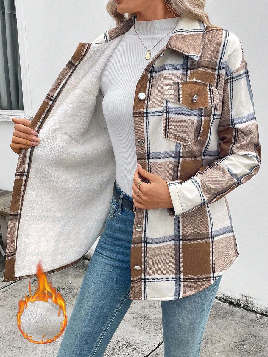 EMERY ROSE 女式格子单排扣休闲羊毛夹克，秋冬 - 摩卡棕 - 查看 1