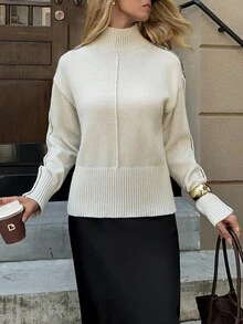 Elyressa Jersey casual de cuello alto de unicolor, de manga larga y hombros caídos, versátil y de moda para mujer - Gris Claro - Ver 7