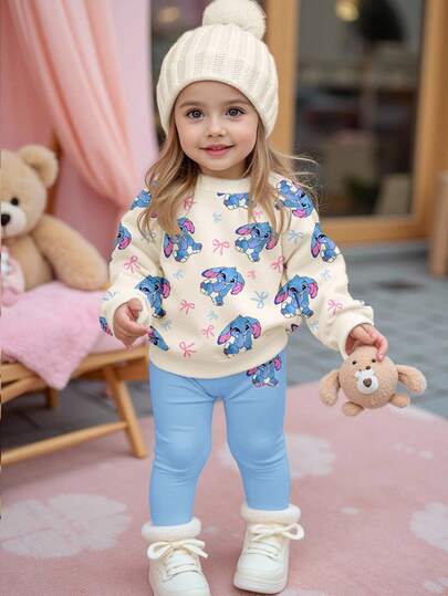 SHEIN Set de 2 piezas de ropa casual de otoño/invierno para niñas bebé: sudadera con forro polar con estampado de conejo, lazo y Stitch, y leggings, en color blanco crema y azul rosa, suave y cómoda