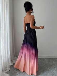 Elenzga Gradient Color Elegant Romantic Ruched Waist A-Line Hem Strapless Dress For Women