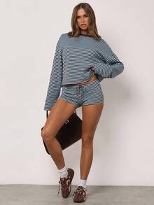 SHEIN BAE 女士休闲日常通勤棕蓝条纹打结腰带短裤，适合校园、日常出行、简约风格、圣诞节短裤、条纹短裤、感恩节女装、秋季女装、休闲女装