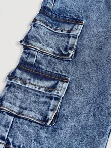 SHEIN 女婴灰色工装阔腿牛仔裤，清爽百搭，适合感恩节、秋冬季穿着 - 深色水洗藍 - 查看 4