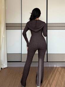 SHEIN PETITE 2pcs/Set Women Casual Hooded Sweatshirt With Pockets & Ribbed Flare Pants, Versatile Autumn/Winter Outfit - Mocha Brown - View 4