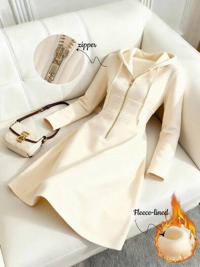 GlowEve Women's Knitted Gold Zipper Decor Hooded Sweatshirt Dress, French Casual Everyday Commute Fashion French Elegant Street Vintage Versatile Holiday Business Cream Beige/Ivory Long Sleeve Dress, Autumn/Winter