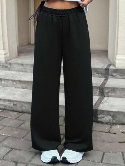 Tween Girl 纯色浅灰色运动针织宽松直筒运动裤，适合日常休闲穿着