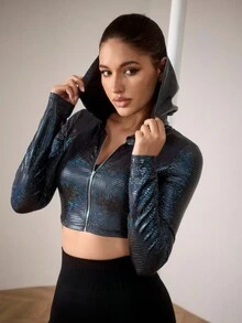 SHEIN Unity Jaqueta Esportiva Feminina Cropped Ajustada com Capuz, Manga Longa e Zíper Frontal Metálica - Azul - Visão 4