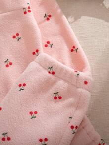 Souflis Souflis Baby Girl Pink Cherry Print Fleece Half Zip Sweatshirt Pants Set, Infant Fall Winter 2Pcs Outfit, Toddler Cute Cozy Clothes - Pink - View 9